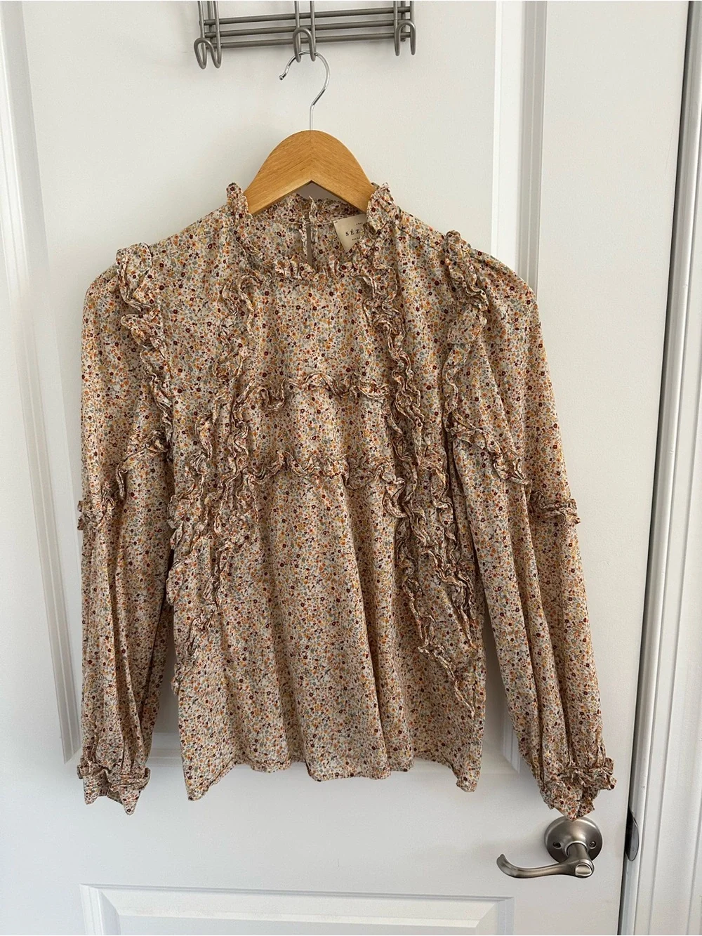 SEZANE Multicolored Floral Ruffle High-Neck Blouse - Picture 3 of 10
